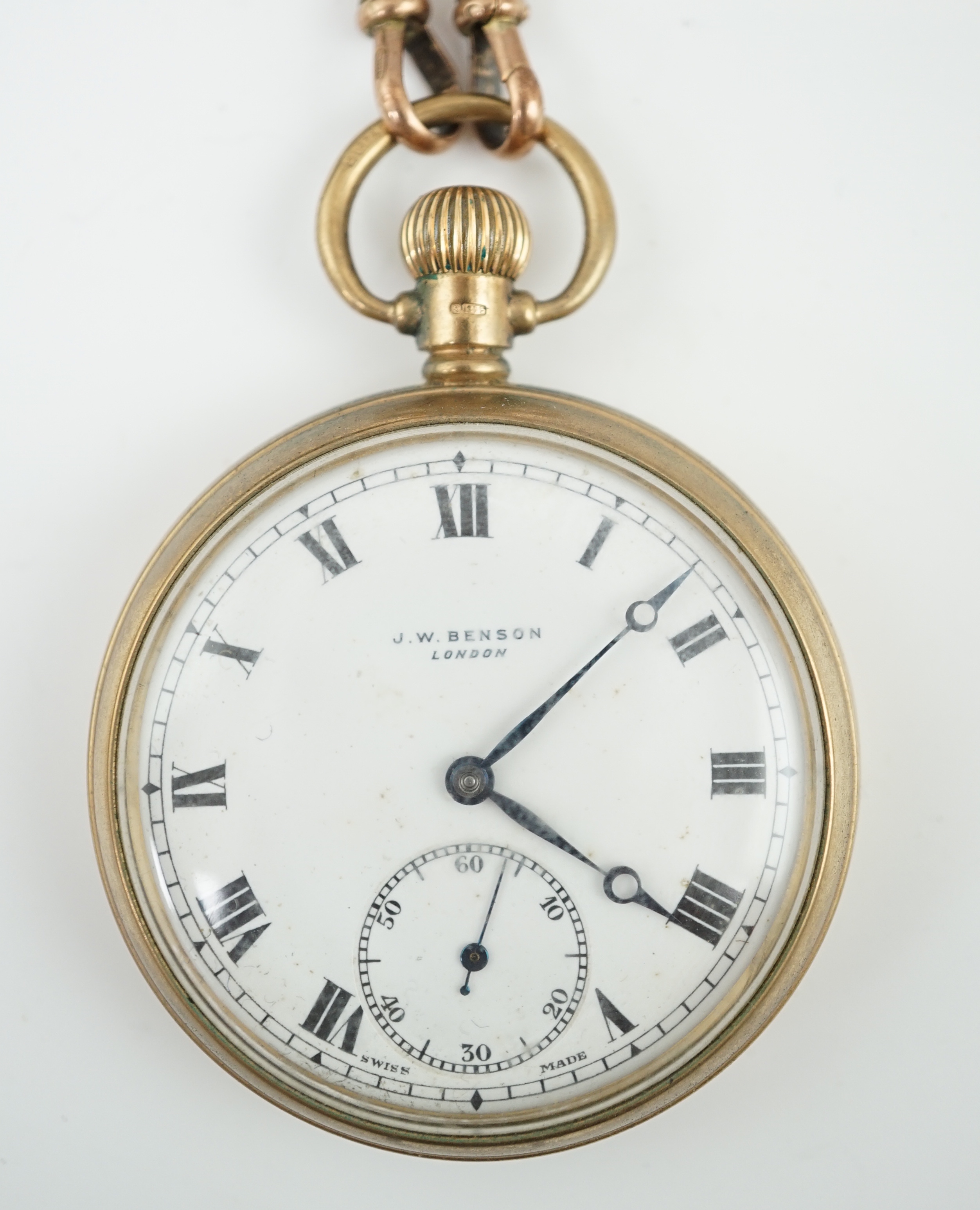 A George V J.W. Benson 9ct gold open face keyless pocket watch, with a 9ct gold curb link albert
